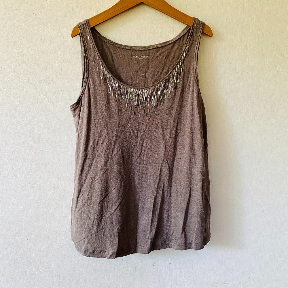 Eileen Fisher Linen Tank Top Womens XS  Embellished Scoop Neck Luxury Old Money